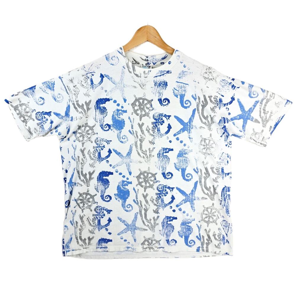 Vintage EZL Marcy N Me Nautical Ocean Shirt OSFA 90s AOP‎ Seahorse Starfish USA